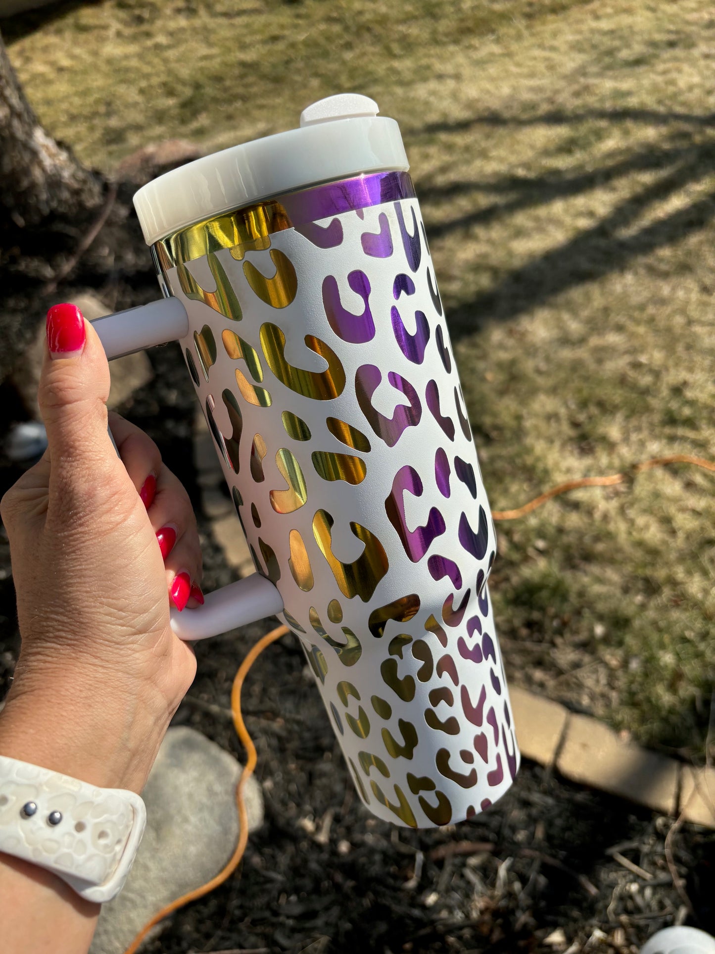 40oz Cheetah Rainbow Engraved Stainless Steel Tumblers with Handle and Straw - WHS