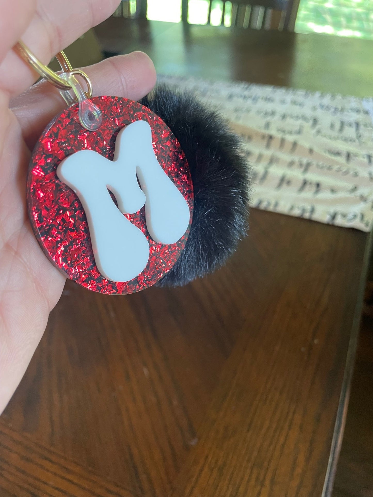 Sparkly Initial Keychain with Puff - ENG