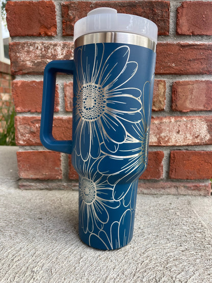 40oz Daisy Engraved Stainless Steel Tumblers with Handle and Straw -PLHS